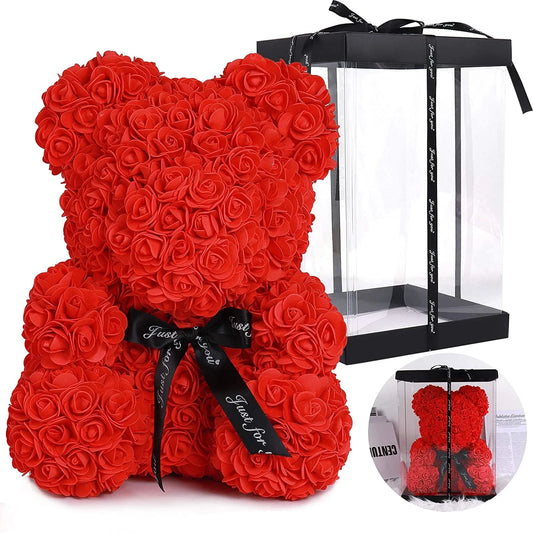 Caja De Regalo De Decoración Para Fiesta De Boda Con Flores De Oso Rosa Artificial De 10" Rojo